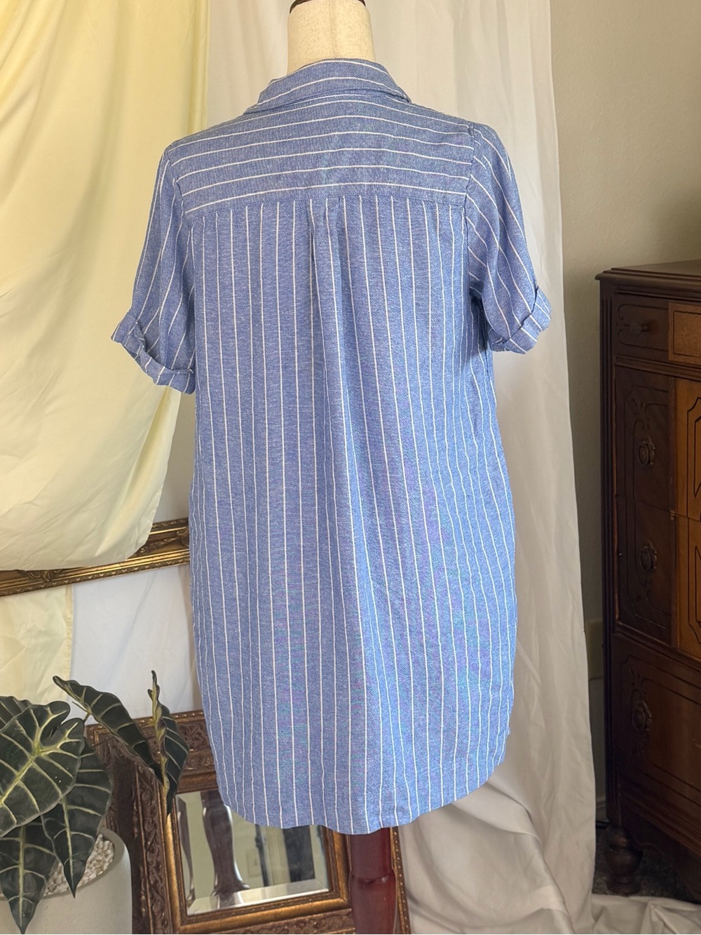 Linen Blue Striped Short-Sleeve Button-Down Shirt Dress Old Nave S - Picture 4 of 5